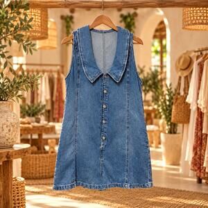 We The Free Denim Playsuit Romper Oversized Collar Button Front Size L